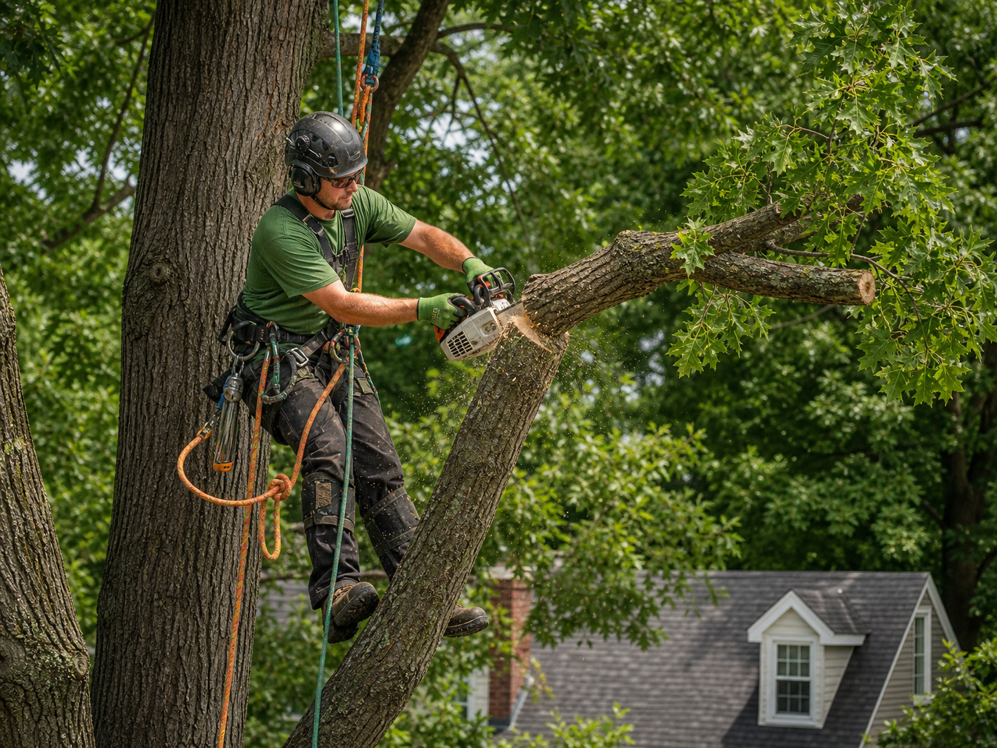 Professional arborist in a tree cutting a branch with a chainsaw